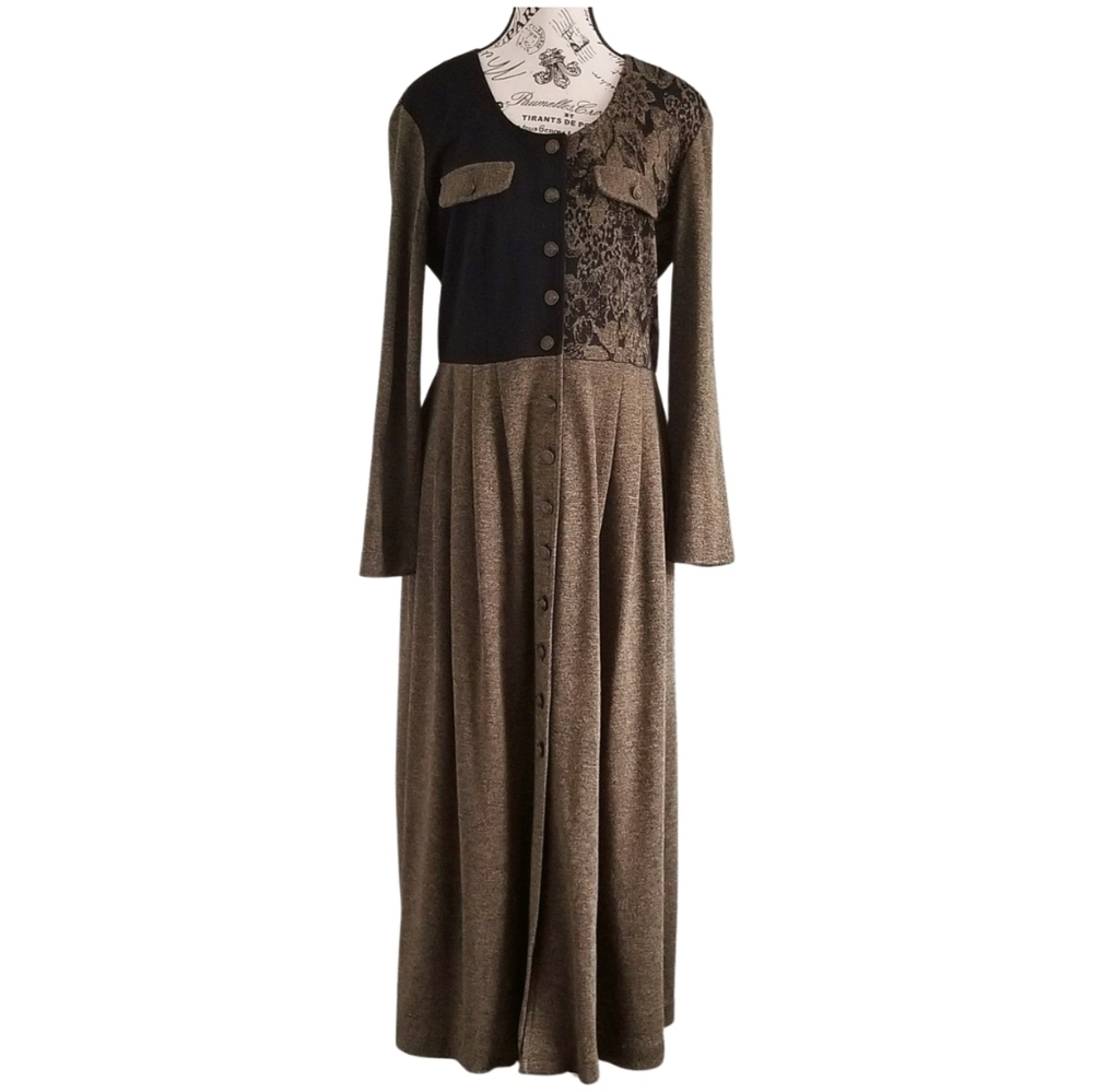 Vintage Patchwork Maxi Dress – Folk Gothic Witchcore – Black & Moss – Size M/L